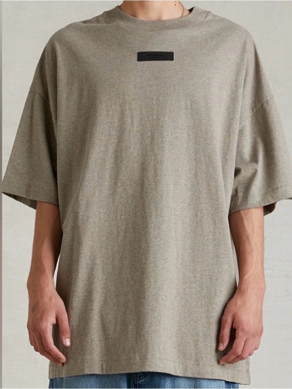 Fear of God Oversized Crewneck T-Shirt in Taupe with Black Logo Patch
